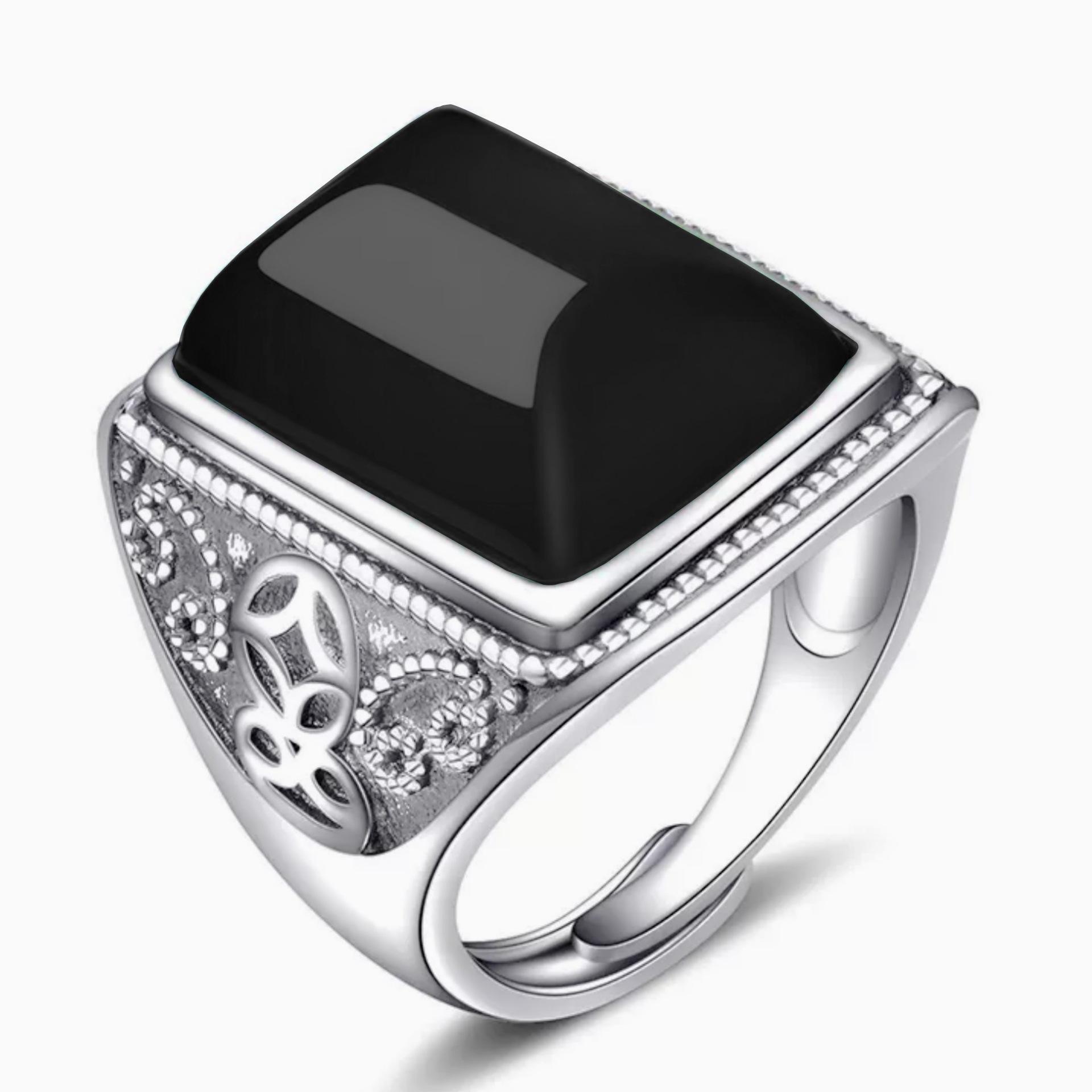 

2026 Thai Silver-plated Green Jade Black Agate Ring, Open Retro Court Style Gold Coin Pattern Green Chalcedony Ring Finger Wrench Resizable