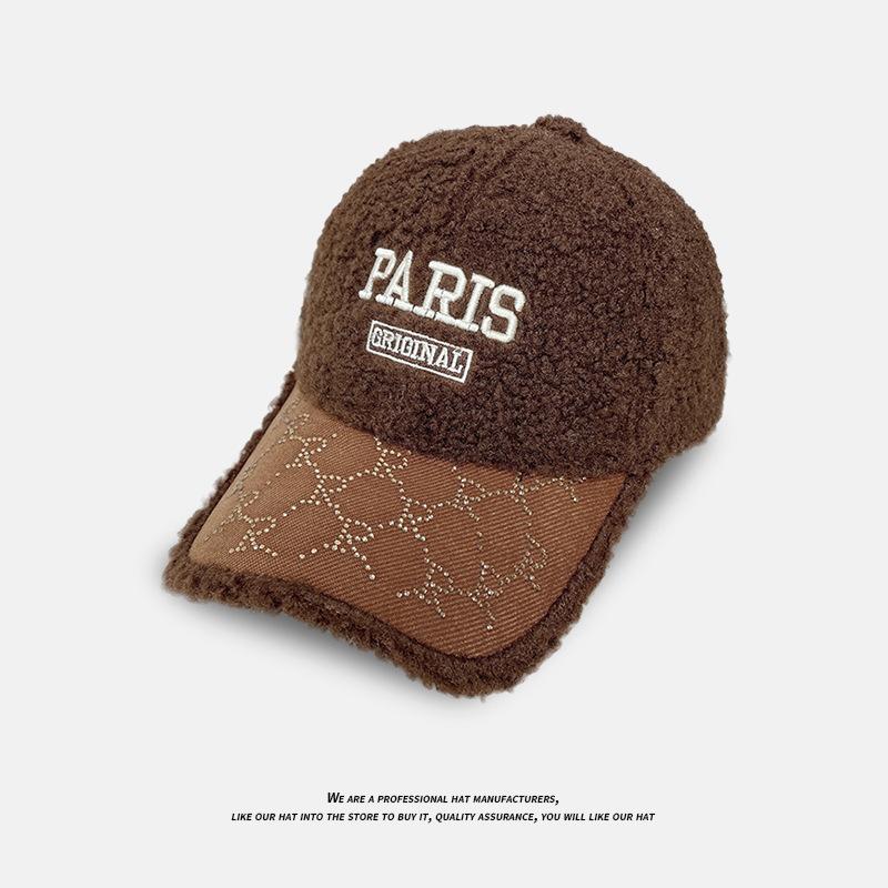Autumn and Winter Lamb Wool Baseball Cap for Women Korean Version Versatile Letter Hot Diamond Embroidered Peaked Cap Warm Couple Hat
