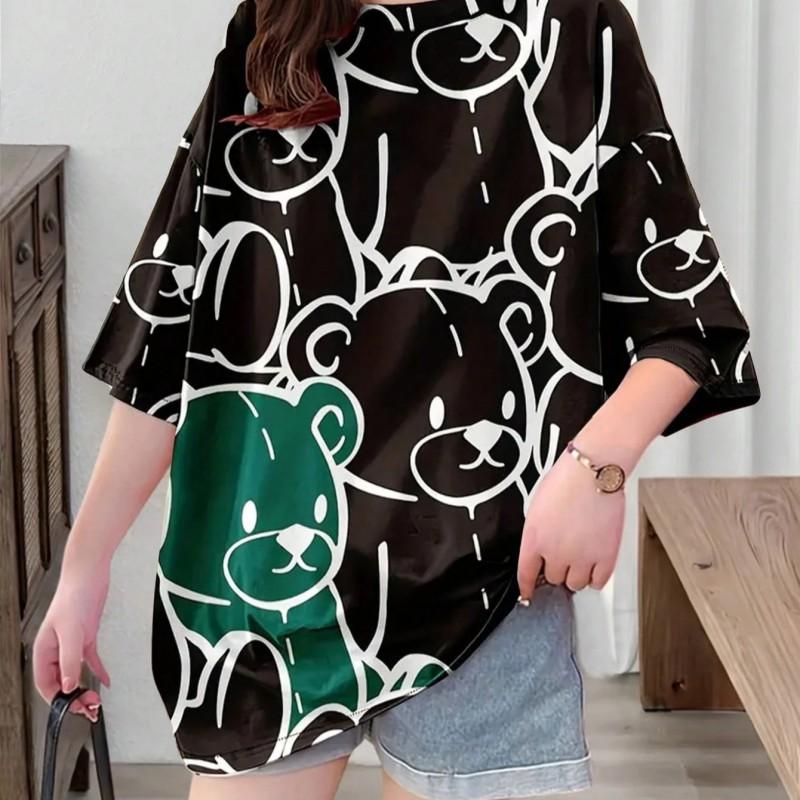 Soft Plush Bear Print Casual Loose Fit Short Sleeve Round Neck T-Shirt Women Men Youth