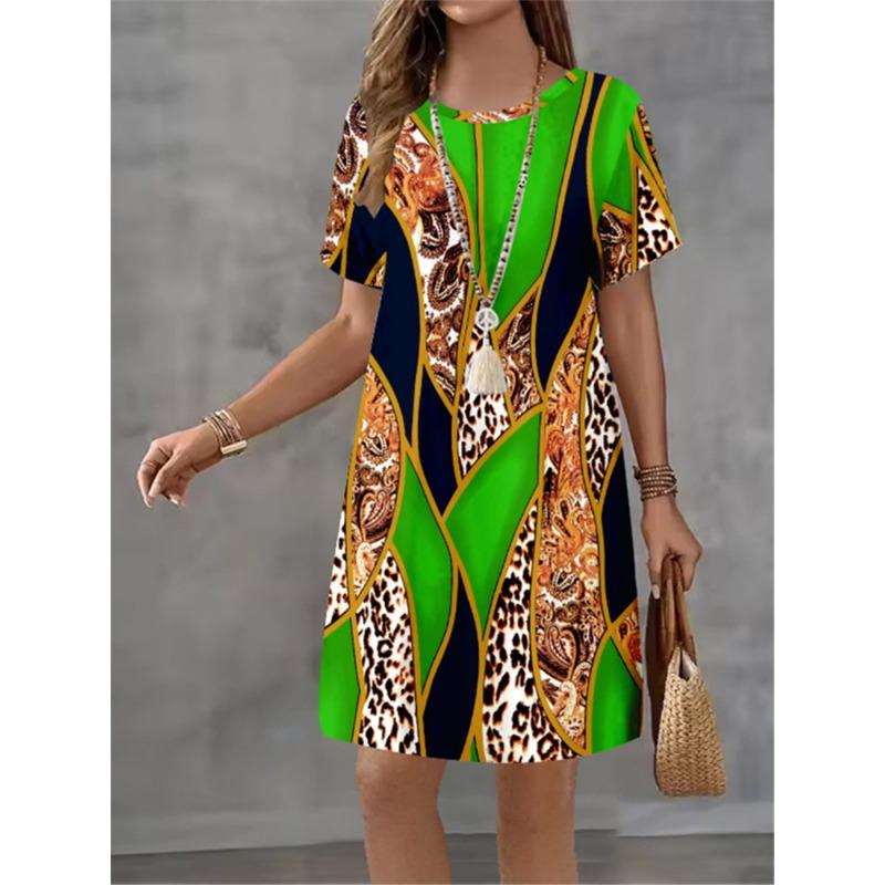 Women Summer Dress Fashionable Style Flower Print Casual Short Sleeved Round Neck A-line Dress Street Style Elegant Mini Dress