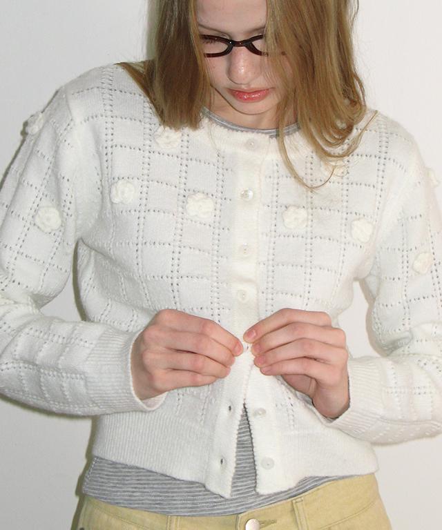 RONRON Crochet Flower Handmade Knit Cardigan Ivory
