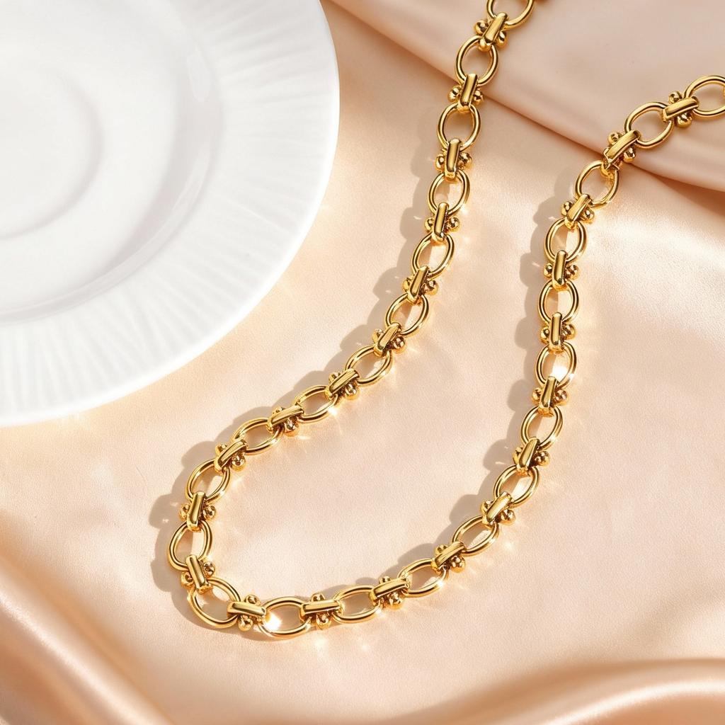 Minimalist Stainless Steel Geometric Chain Necklace for Women, 18K Gold Plated Handmade Link Necklace, Fashion Punk Jewelry