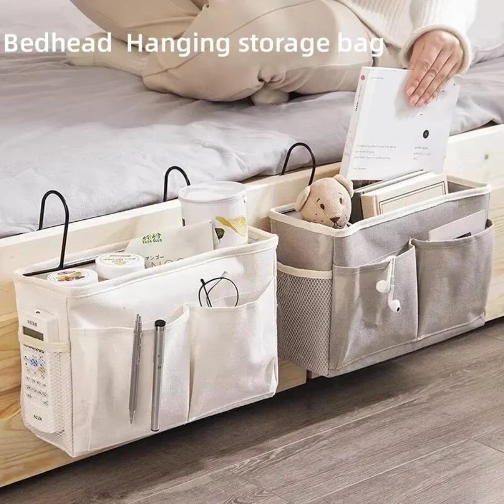 Canvas Bedside Storage Rack Mesh Fabric Multi-Pocket Bedside Hanging Basket Space Saving Foldable Bedroom Storage Organizer