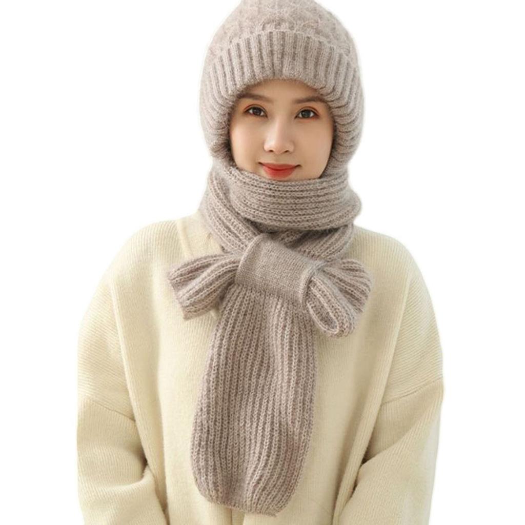 One Piece Hat Scarf Windproof Winter Knitting Thick Warm Ear Guard Hat for Woman Girs Winter Outdoor Use