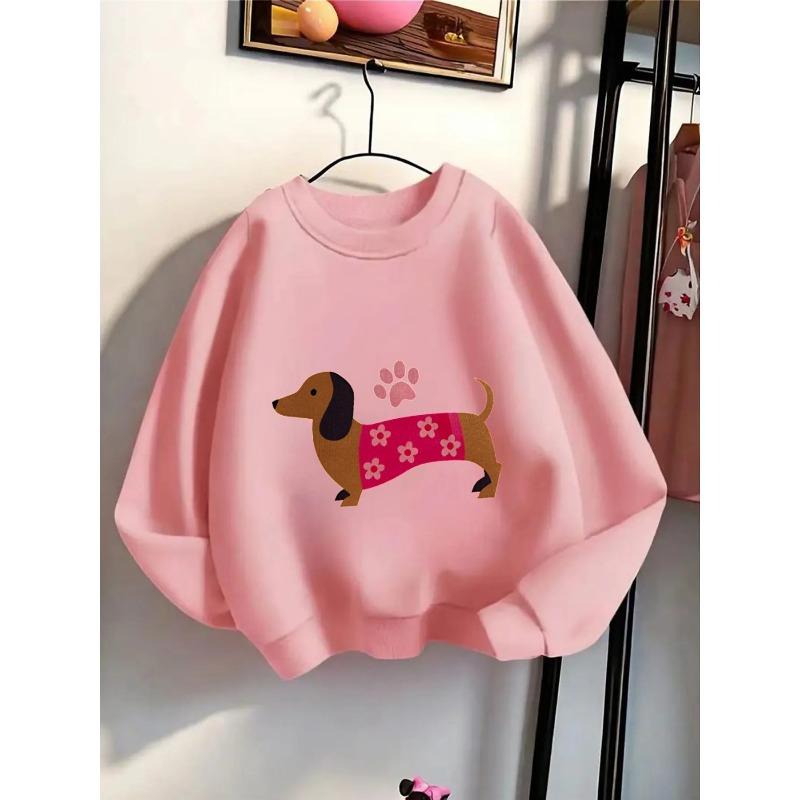 Girls' Crewneck Sweatshirt - Dachshund Dogs Hearts Flowers Stripes Machine Washable, Spring And Autumn, Sportswear And Casual Wear