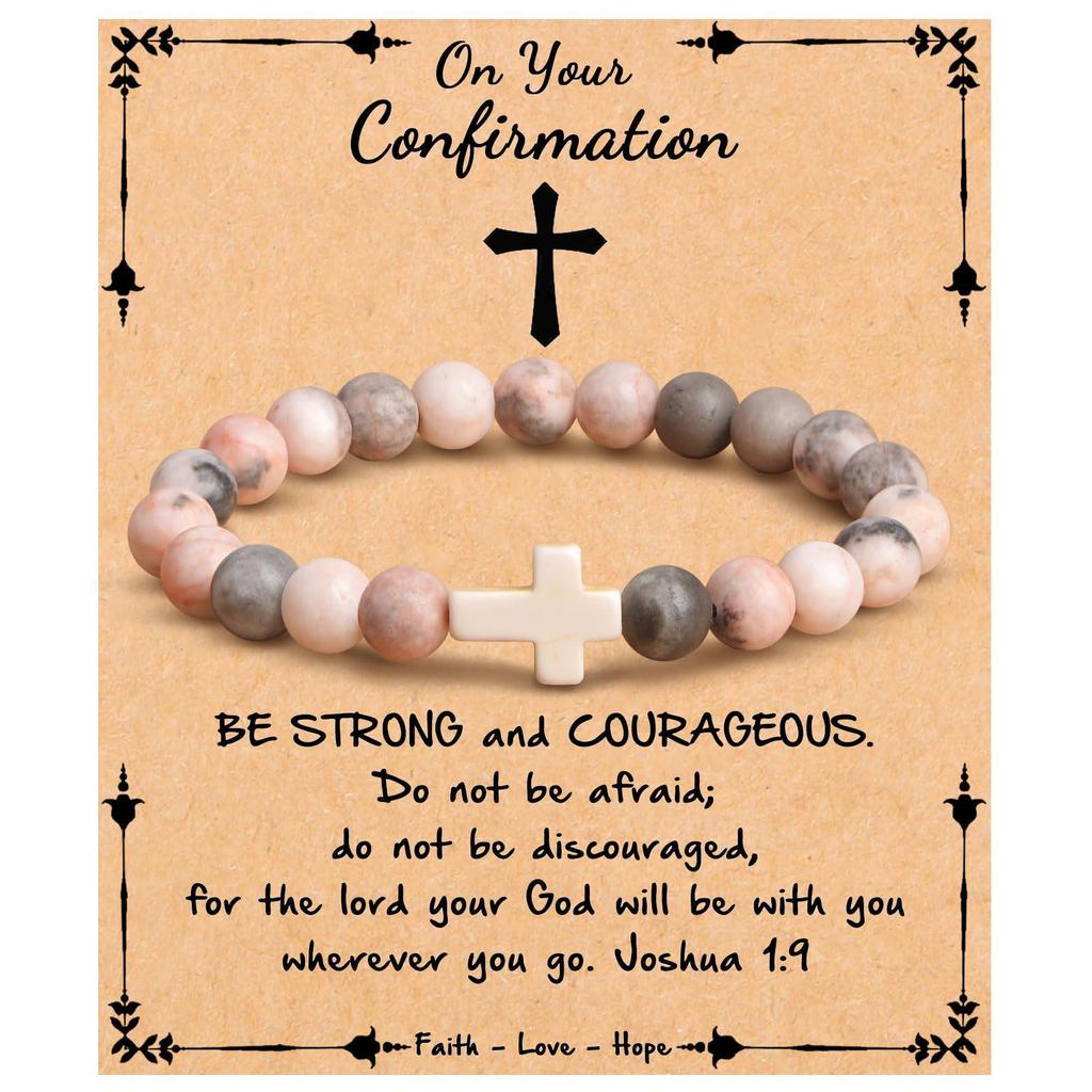 Emperor Stone Pink Zebra Beaded Bracelet with Cross Charm