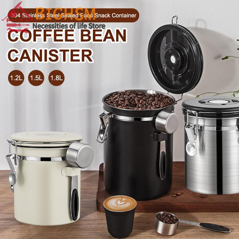 1.2 1.5 1.8L Barattolo per Chicchi di Caffè Contenitore Ermetico Sigillato Acciaio Inossidabile Con Cucchiaio Valvola Unidirezionale Contenitore Conservazione Caffè Cucina