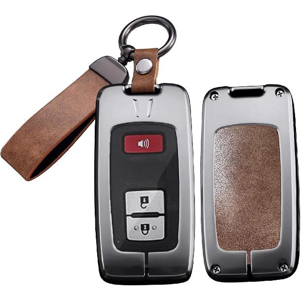 SANRILY Metal Leather 2/3/4 Button Smart Key Fob Cover for Toyota Tacoma 2023 2022 Avalon Camry Corolla RAV4 Highlander Sequoia 2021 Tundra 4Runner