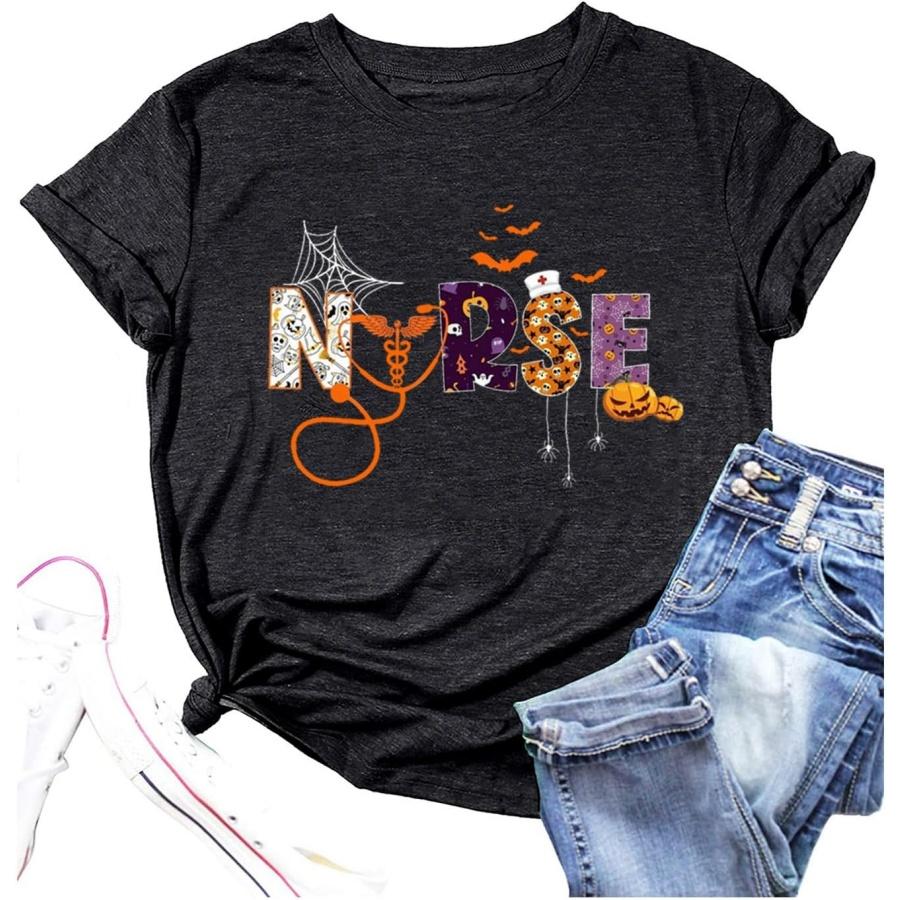 

TSIIUO Women s Halloween Nurse T-Shirt Funny Spooky Season Nursing Tee Fall Nurse Halloween Casual Short Sleeve Tops XXXXXL різнокольоровий