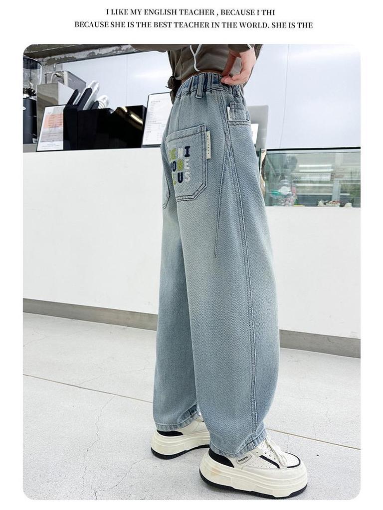2025 Girls' Spring-Autumn Straight Wide-Leg Jeans: Long Pants for Big Kids
