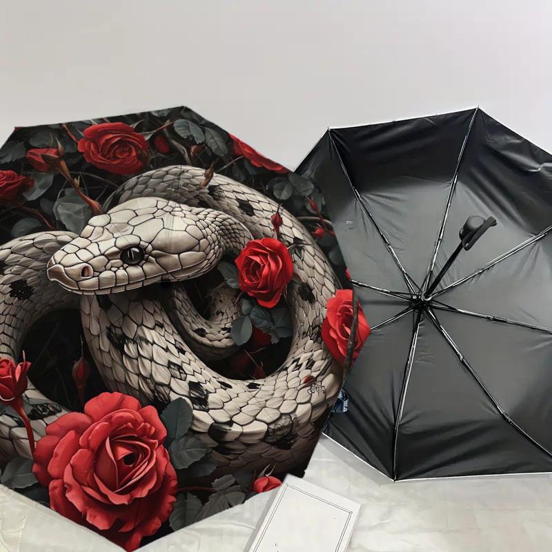 1pc Snake and Roses Circular Artwork Umbrella with Plastic Handle,Suitable for All Seasons Home Travel Outdoor UmbrellaDD1636