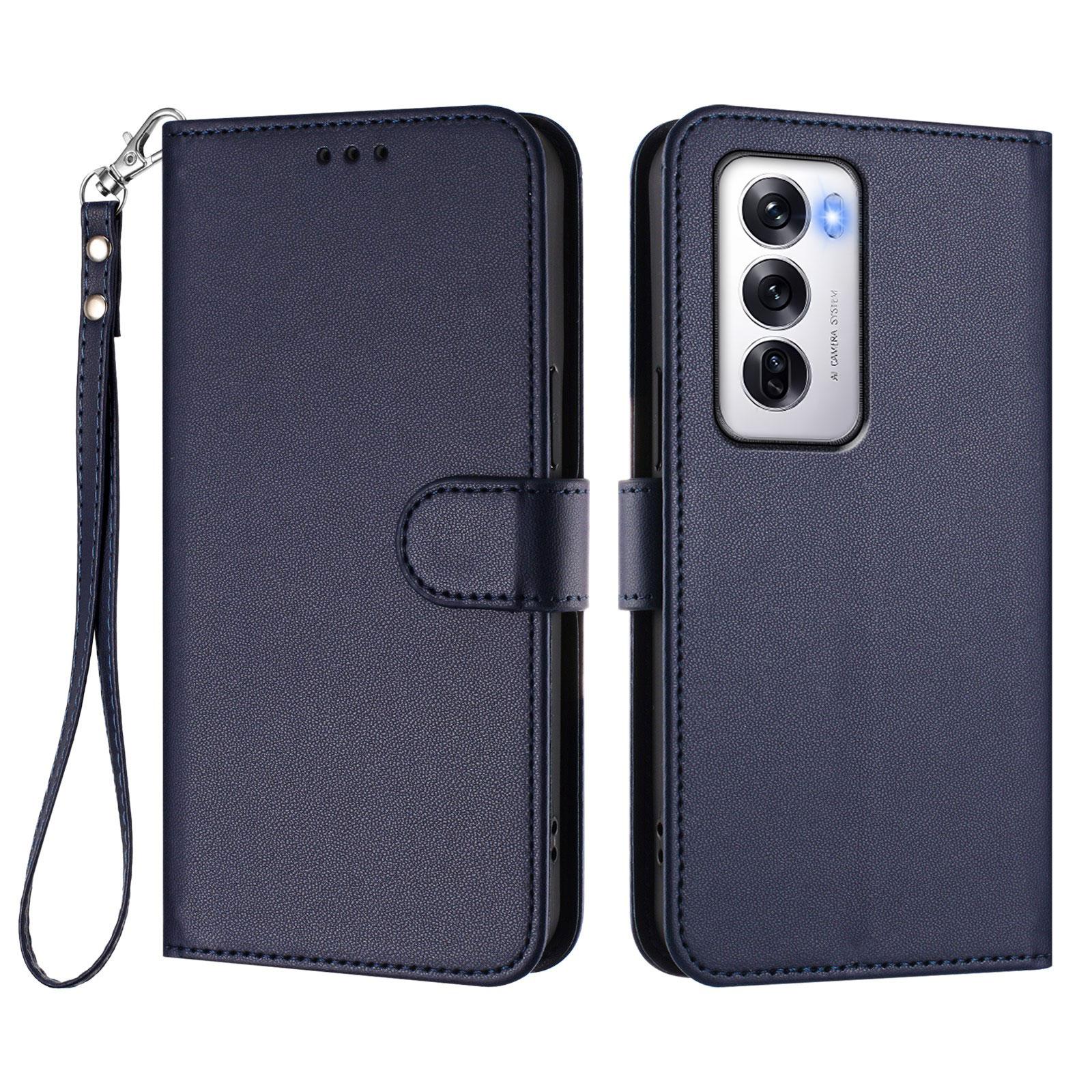 

Для Oppo Reno12 5G (Глобальный) Кожаный чехол-кошелек-подставка для телефона с ремешком на запястье Blue