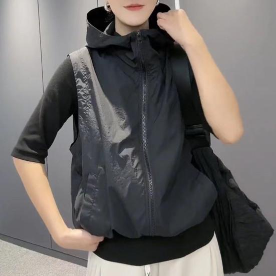 Women Ves Hooded Cardigan Sleeveless Drawstring Loose Sun Hem Solid Color Zipper Closure Protection Casual Sports