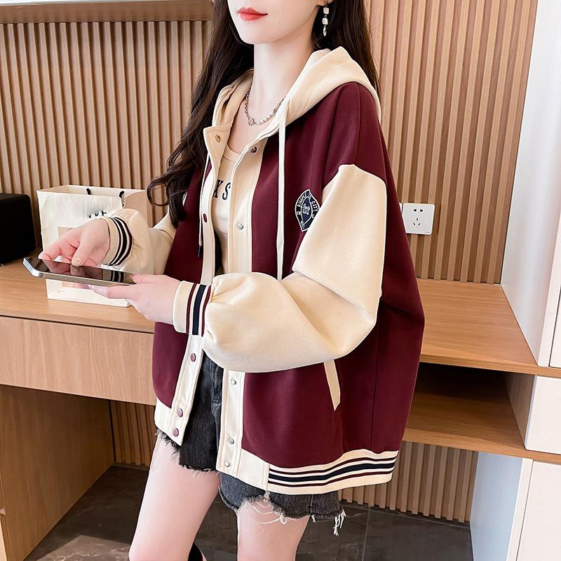 Pre-Fall Hooded Contrasting Sweatshirt Women's Autumn and Winter Loose Plus Size Small Casual Baseball Uniform Jacket