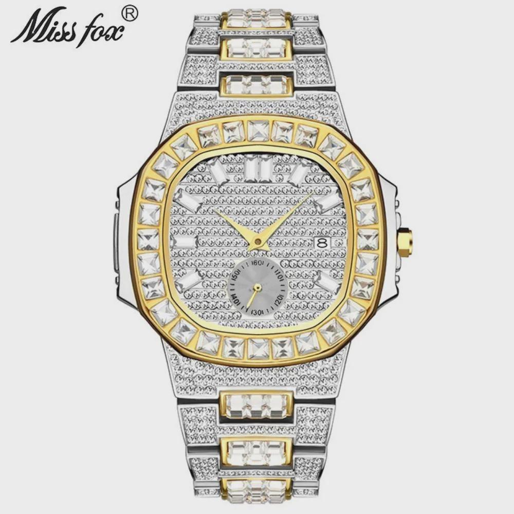 Hip Hop Iced Out Mens Watch Diamond Paved Analog Quartz Watch Waterproof Stainless Steel Luxury Wristwatch