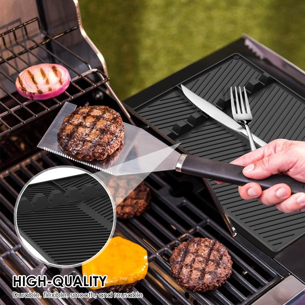 Grill Side Shelf Mat Silicone Griddle Tool Mat with 8Slot Anti-Slip Grill Holder Pad Heat-Resistant BBQ Utensil Mat Kitchen Tool