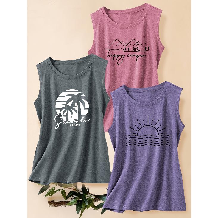 Three-piece Set of Women's Casual Sporty Tops with Landscape, Tree, Sun, and Mountain Peak Prints In a Fashionable Retro Style, Round-neck Tank Tops