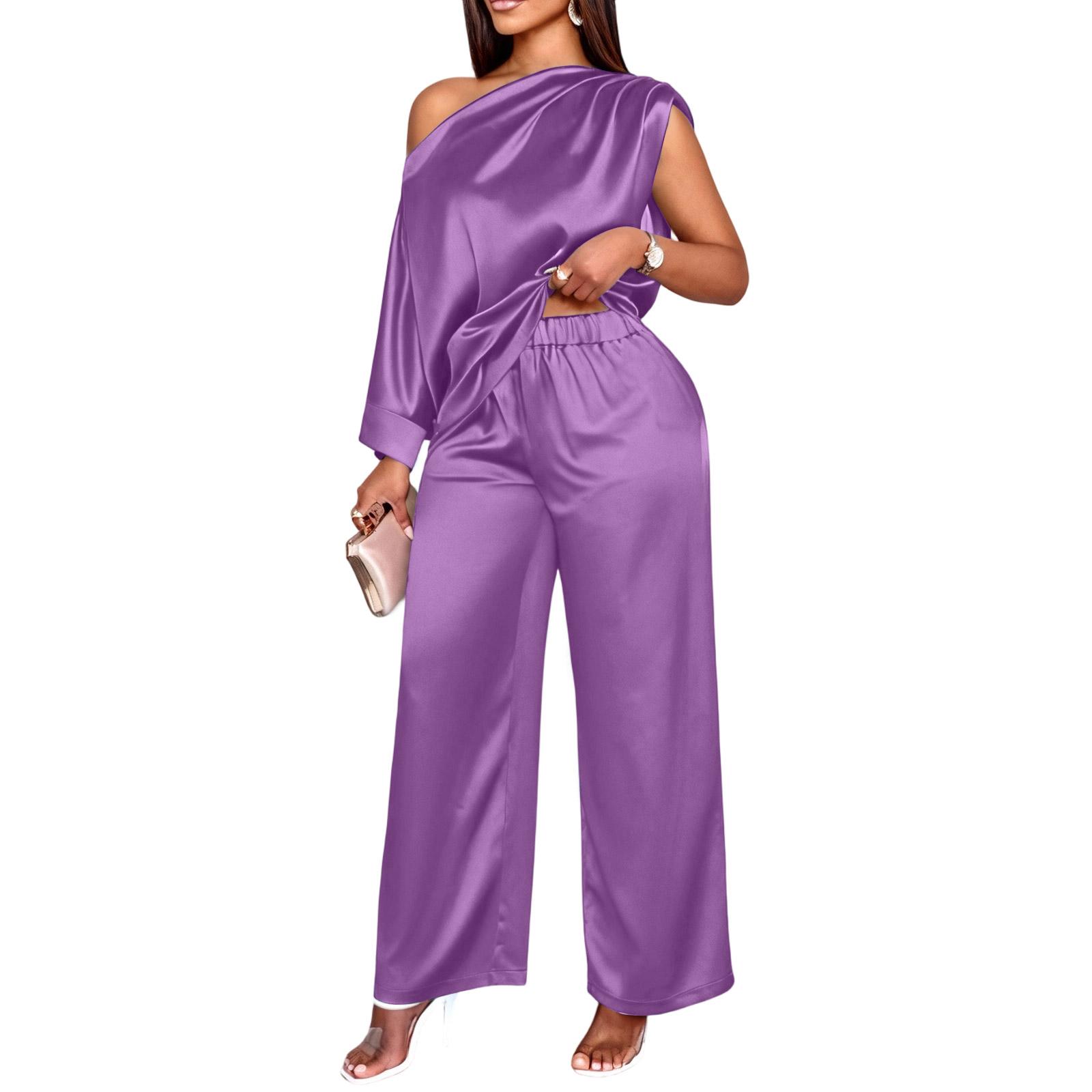 

Women s Fashionable Casual Color Satin Asymmetrical Neck Top And Casual Pants Two,Piece Set XL фіолетовий