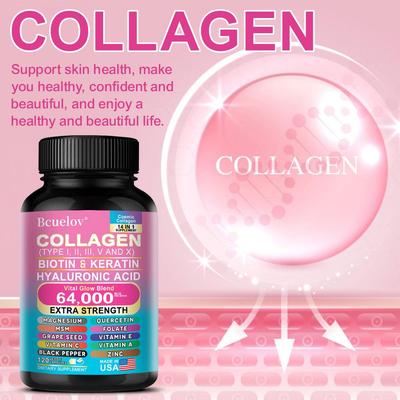 Bcuelov 14 In 1 Collagen Capsules 64000MCG Containing I II III V X Type Biotin Keratin for Skincare Hair Care Armor and Joint Protection 120 Capsules