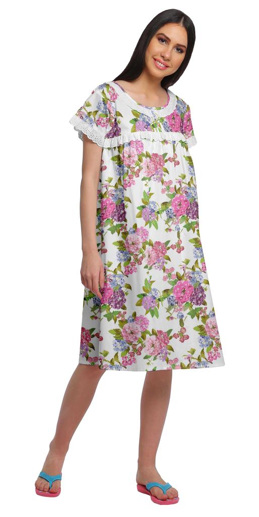 Moomaya Printed Short Sleeve Knee Length Nightdress Round Neck Sleepwear