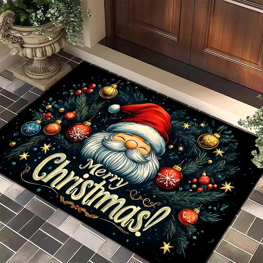 Christmas Doormat Santa Claus Bauble Pine Branch Star Print Floor Mat Merry Christmas Home Entrance Decor Rug