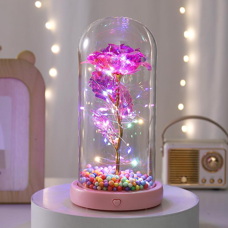Gold Rose Glass Cover Ornament with Light Music To Send Valentine's Day Women's Day Immortal Flower Creative Gift