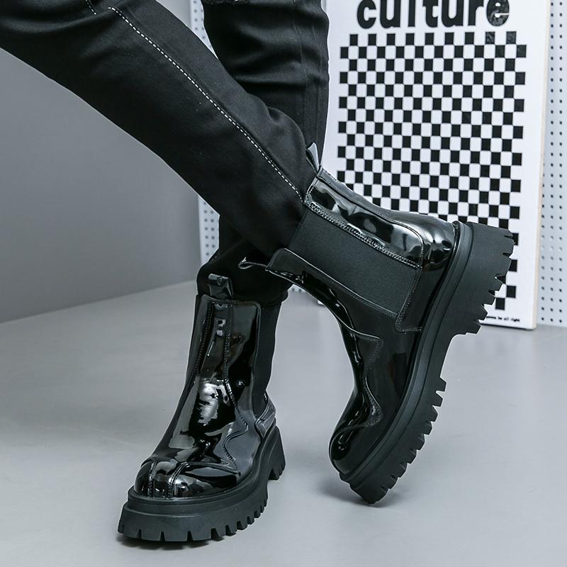 Men’s Chelsea Thick Sole Platform Punk Green Leather Boots Elevator Street Style Big Head Motorcycle Boots High Boots Plus Size