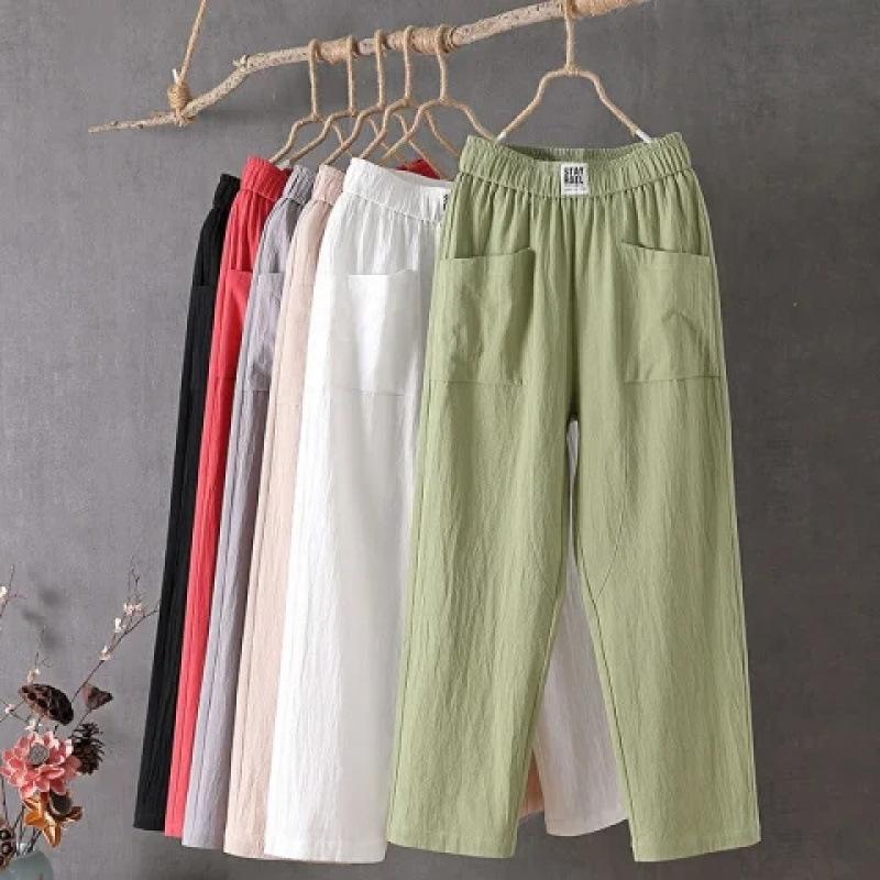 Cotton Linen Loose Straight Harem Pants with Elastic Waistband