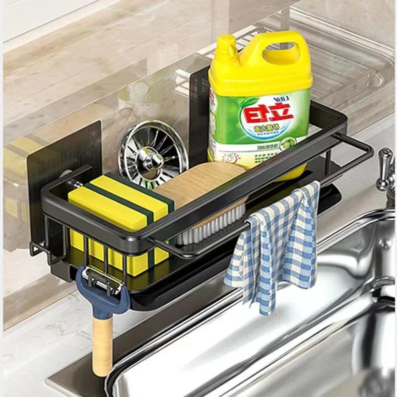 Aluminum No-Drill Kitchen Storage Rack - Sink Drain Rack with Self-Draining Shelf Sponge/Dishcloth/Towel Holder & Filter Basket