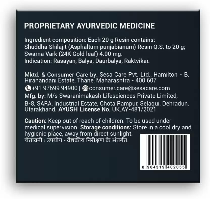 SESA Shilajit Gold Harz 20g Für Männer Mit 24k Gold Fulvinsäure 60%+ Steigert Energie Immunität Muskelregeneration Gelenkunterstützung