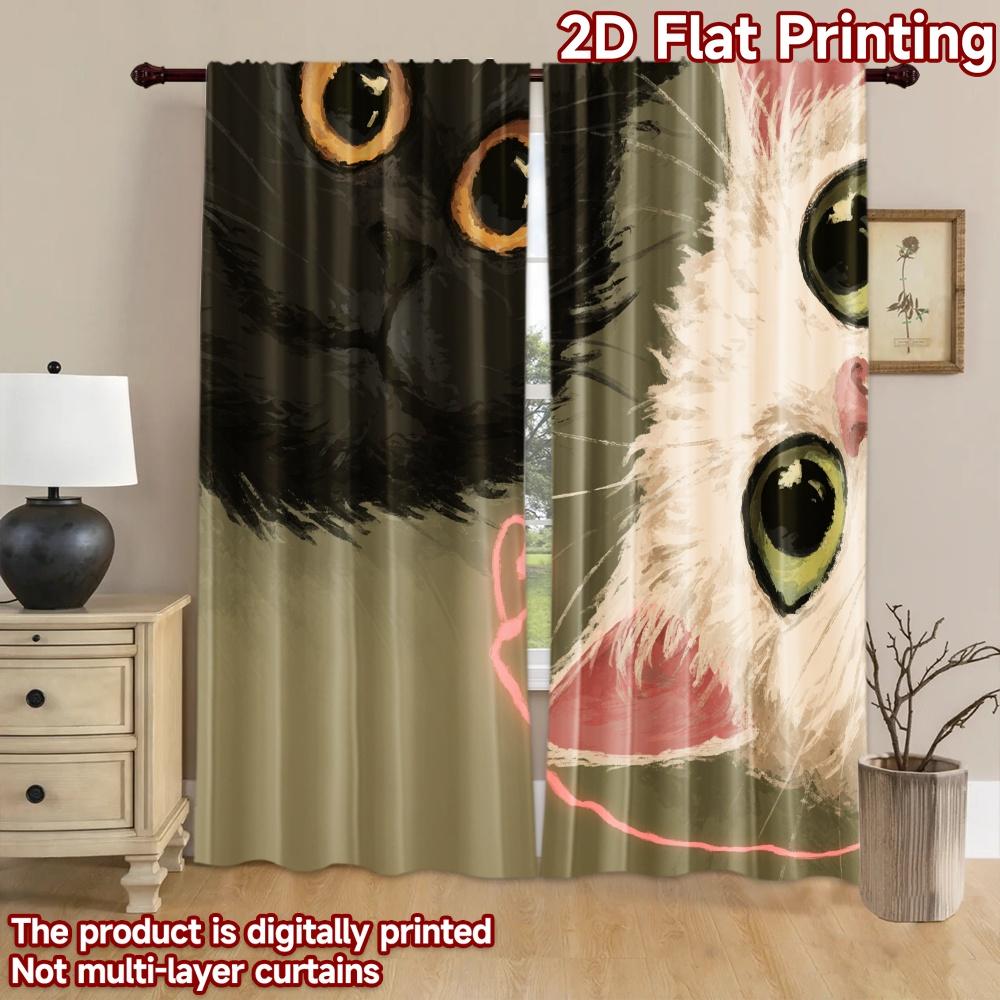 2D flat printing 2pcs Party Curtain Black White Cats Cute Digital Printed Polyester Drapes Festive Wall Decor Use for Drapes for
