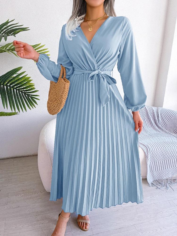 Elegant Women Pleated Maxi Dress Long Sleeve V Neck