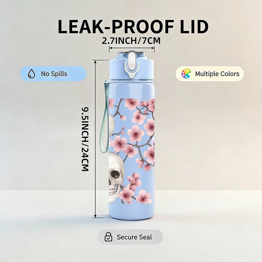 1PC Skull Cherry Blossom Floral Print 750ml Color Plastic Sports Water Bottle Leakproof Flip Straw Lid Suitable for Sports Office Home Use