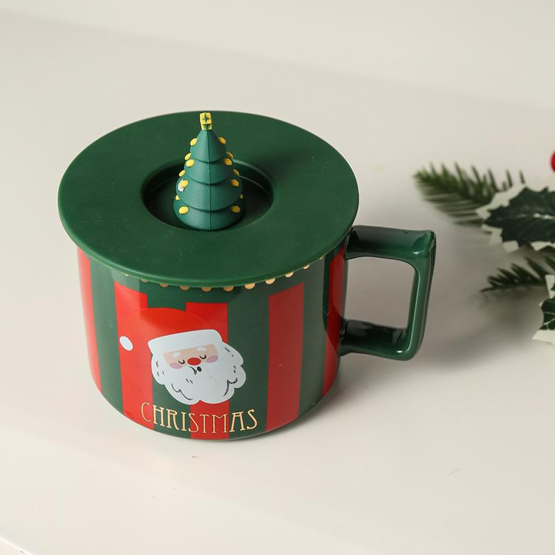Cute Elk Christmas Ceramic Mug Set with Lid & Spoon - Perfect Holiday Gift