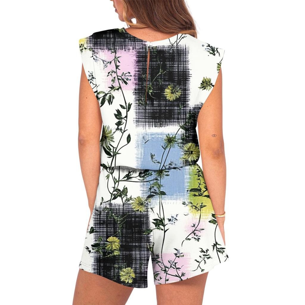 Women's Jumpsuit Floral Print Spring Summer Cap Sleeves Adjustable Drawstring Waist Comfortable Casual Short Jumpsuit With Pockets