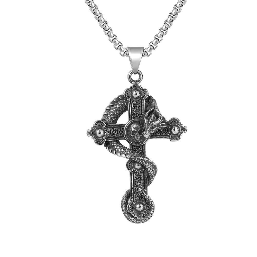 Retro Double Dragon War God Cross Pendant Necklace with Inlaid Diamond - Titanium Steel Jewelry