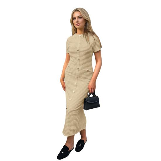 Rochie Lungă Tricotată cu Nasturi pentru Femei Mânecă Scurtă Gât Rotund Rochie Tip Sacou Rochie Formală pentru Invitați la Nuntă Petrecere Rochie de Cocktail