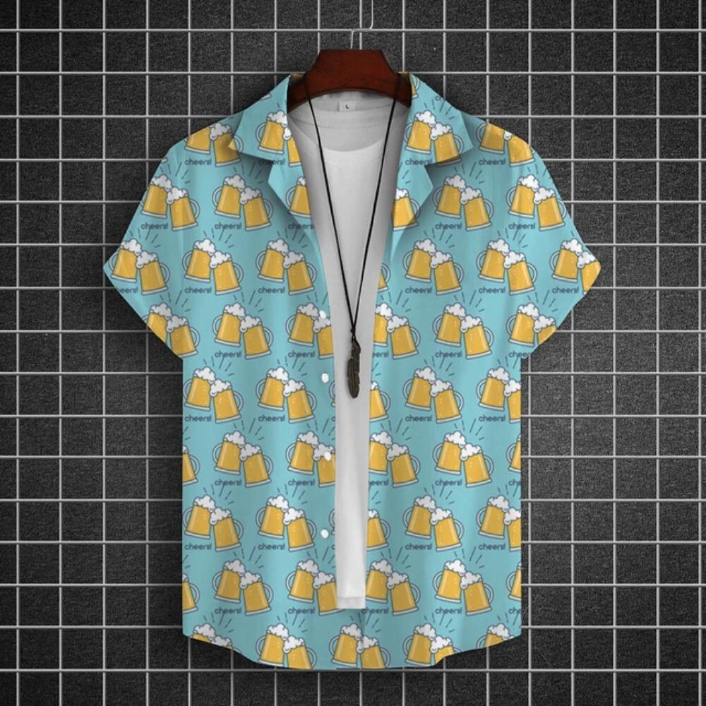 Hawajska Koszula Męska 3D z Nadrukiem Piwa Krótki Rękaw Koszule Koszulka na Imprezę Piwną T-shirty Letnie Codzienne Luźne Oversize Odzież Męska