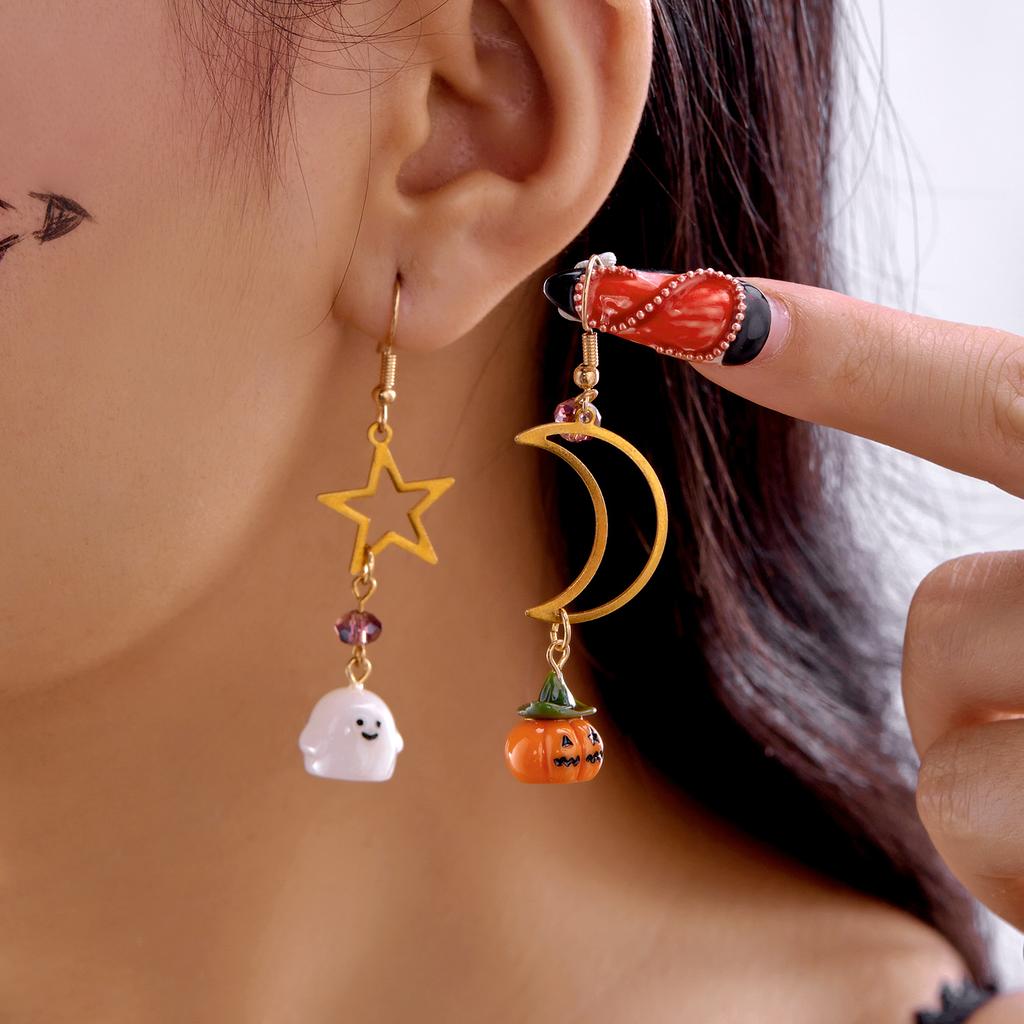 Cute Halloween Dangle Earrings for Women Cartoon Ghost Pumpkin Star Asymmetrical Long Tassel Earrings Party Statement Zircon