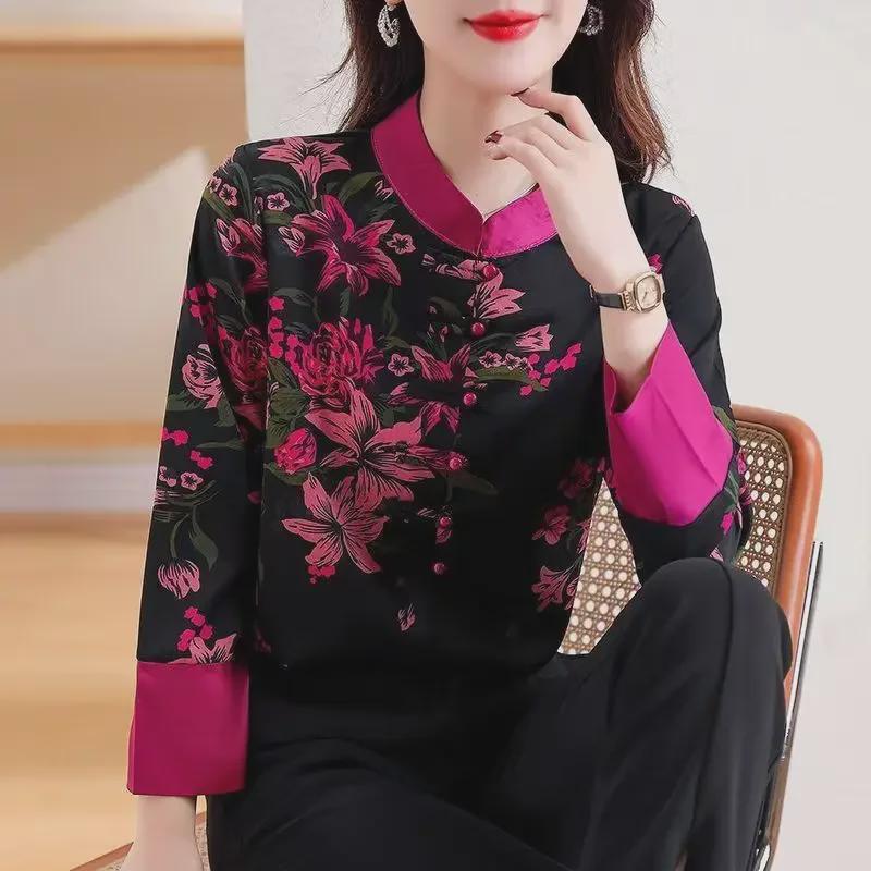 2024 Summer Women's Long-Sleeve Silk Shirt, Retro Chinese-Western Fusion Style