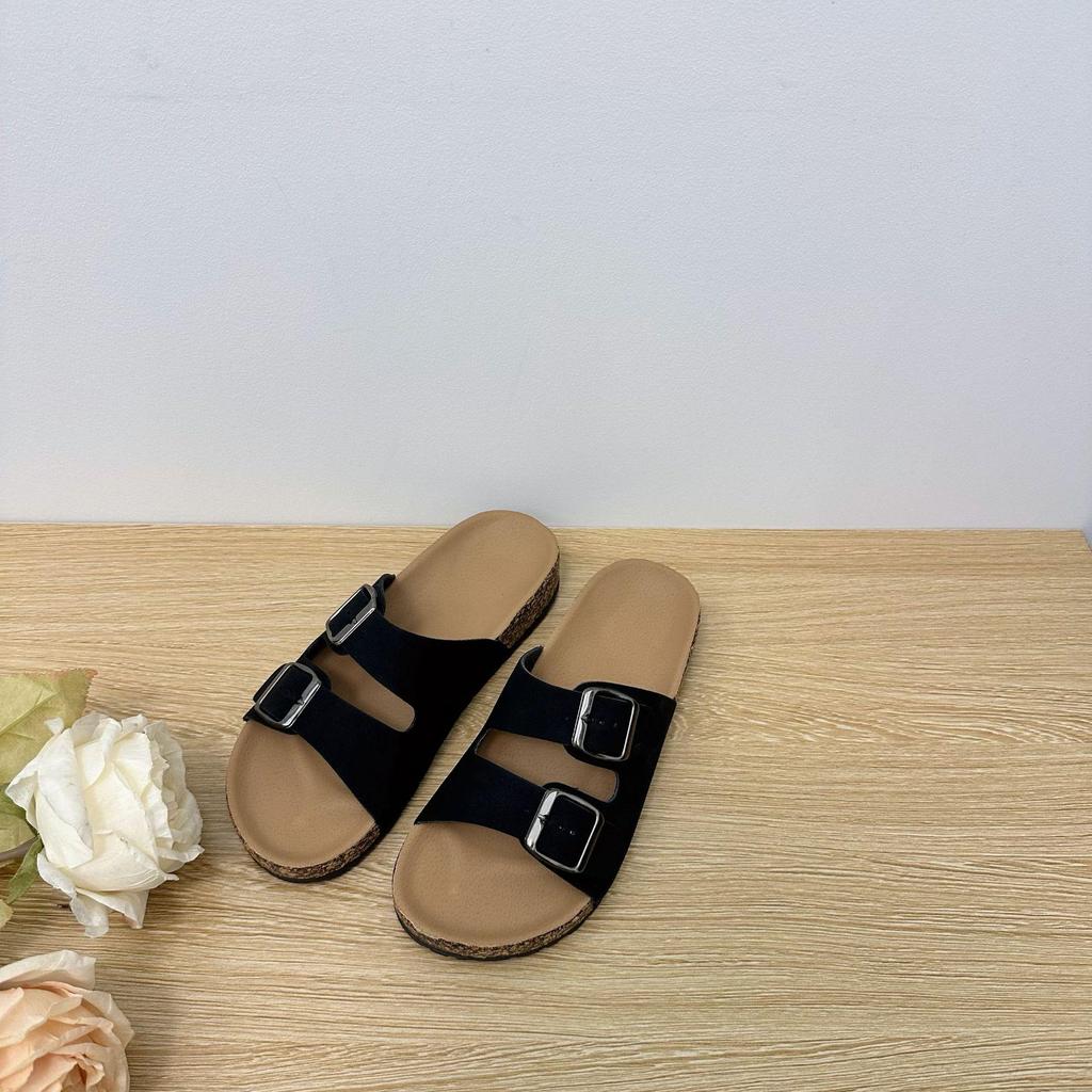 2025 Women's Plus Size Casual Beach Cork Slippers with Double Buckle