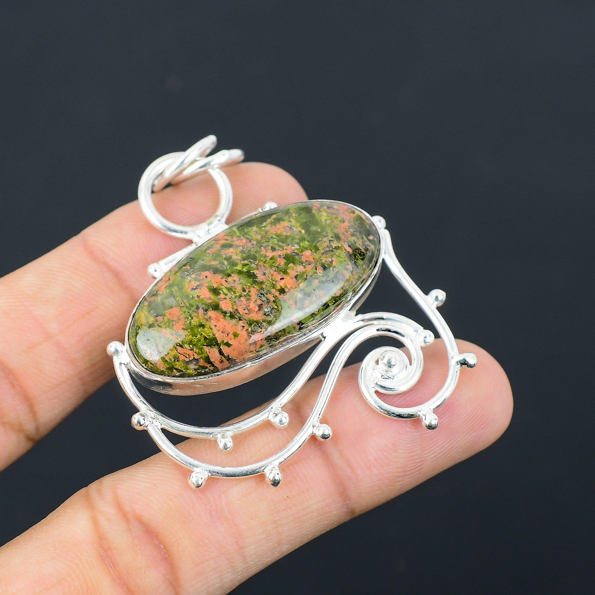 925 Sterling Silver Oval Unakite Stone Heart Chakra Boho Wife Birthday Pendant