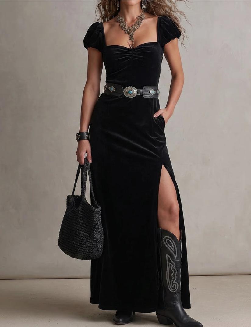 New elegant and sexy splicing velvet literary and retro travel commuter dress S