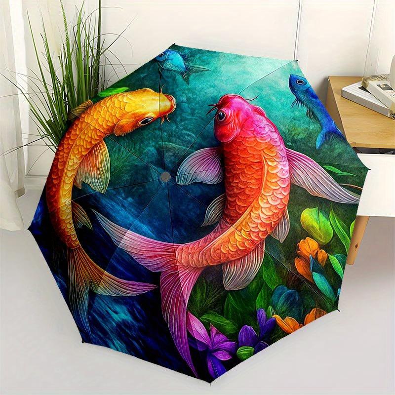 

Colorful Koi Fish Pond Wall Art Decor Umbrella, Cute Umbrella with Cute Design, Portable 3-Fold Compact Umbrella for Men & Women, Valentine s Day Moth