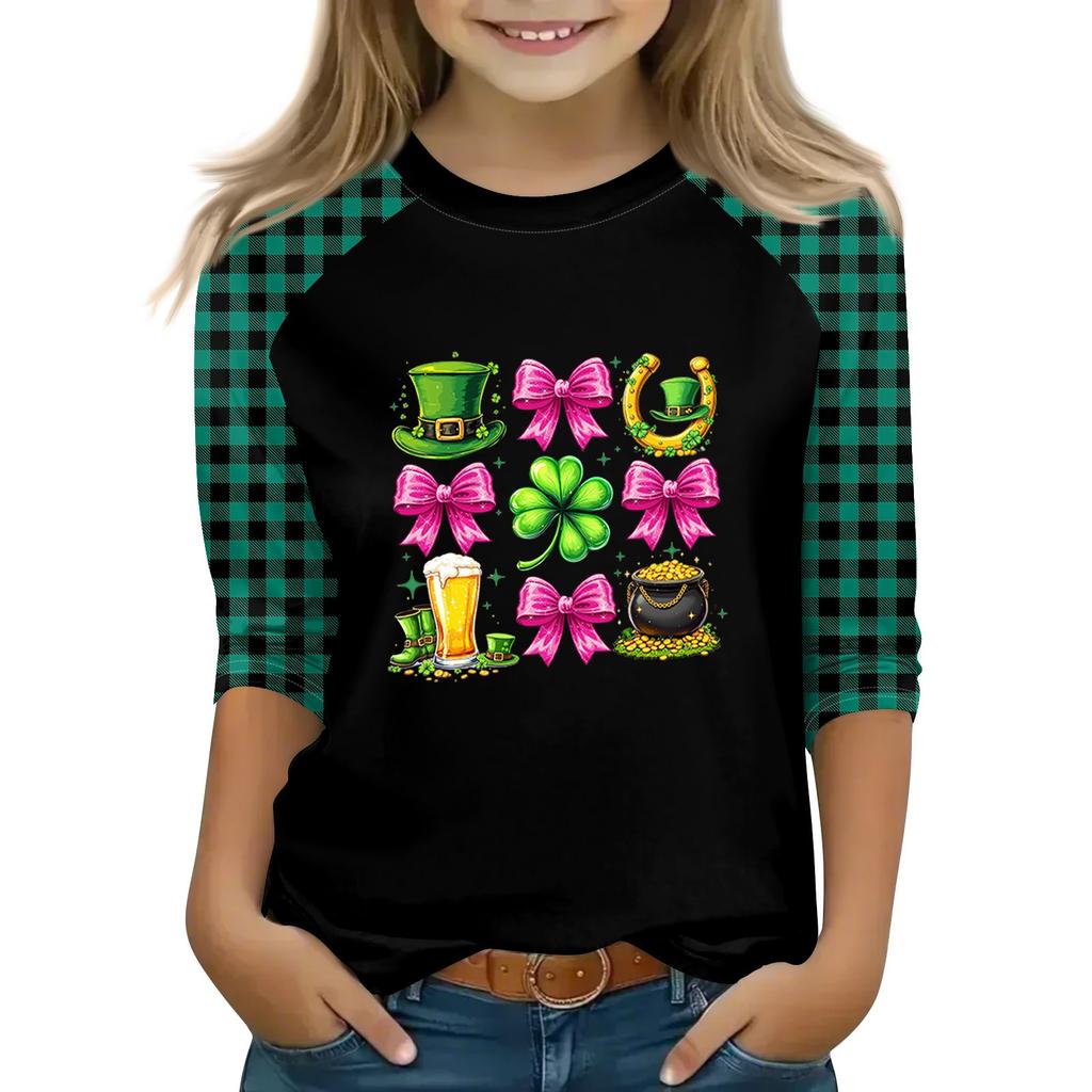 Oberteile für junge Mädchen von 4–16 Jahren, Rundhalsausschnitt, 3/4-Ärmel, T-Shirts, trendige Oberteile, Outfit-T-Shirts