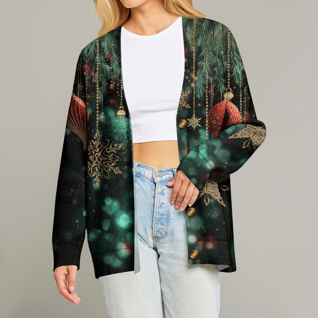 Women's Fashion Long Sleeve Print V-Neck Button Loose Cardigan Top
