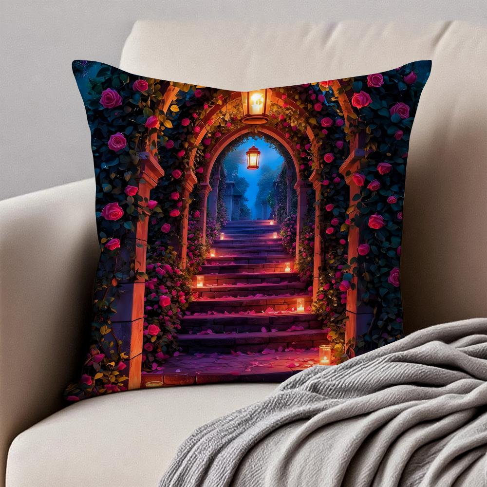 Nighttime dreamy lanterns and flowers Cushion Cover Pillowcase Antidustmite Invisible Zipper Short Plush Sofa Cushion