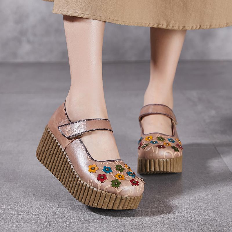 Fashion GKTINOO Retro Pumps Women Shoes Genuine Leather Hook & Loop 2025 New Spring Round Toe Floral Handmade Concise Platform Shoes