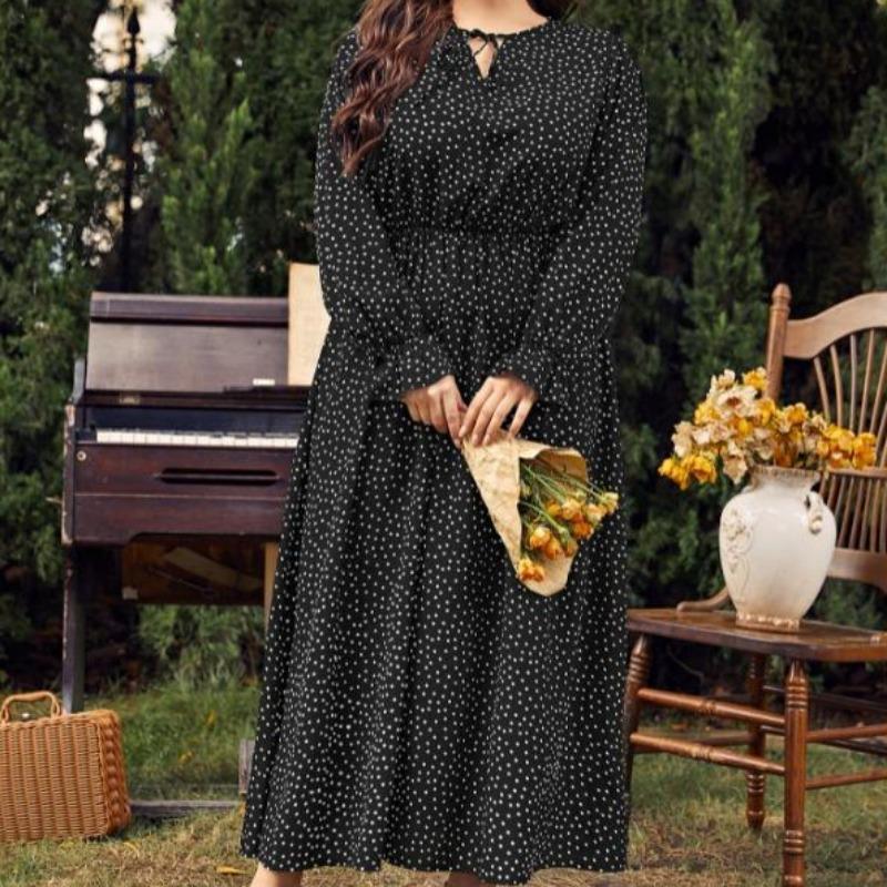 Vintage Long Sleeve Dresses Round Necked Plus Size Dress for Women Fashion Polka Dot Oversized Dress Elegant Tight Dress Commuter Fashion Maxi Dresses