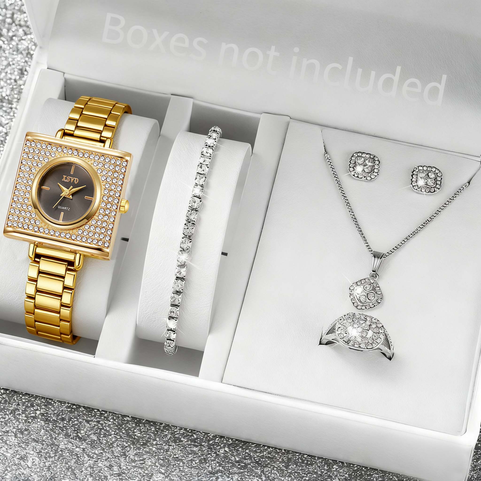 

Fashionable and unique alloy women s quartz watch and jewelry 6-piece set, suitable for daily wear, Christmas gift